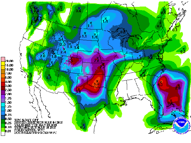 Monday&#039;s five-day forecast from the National Weather Service expects rain over most of the Corn Belt with heavier amounts in the southwestern Plains. So far in 2015, weather has been the dominant bearish factor for grain prices. (Graphic courtesy of NOAA)